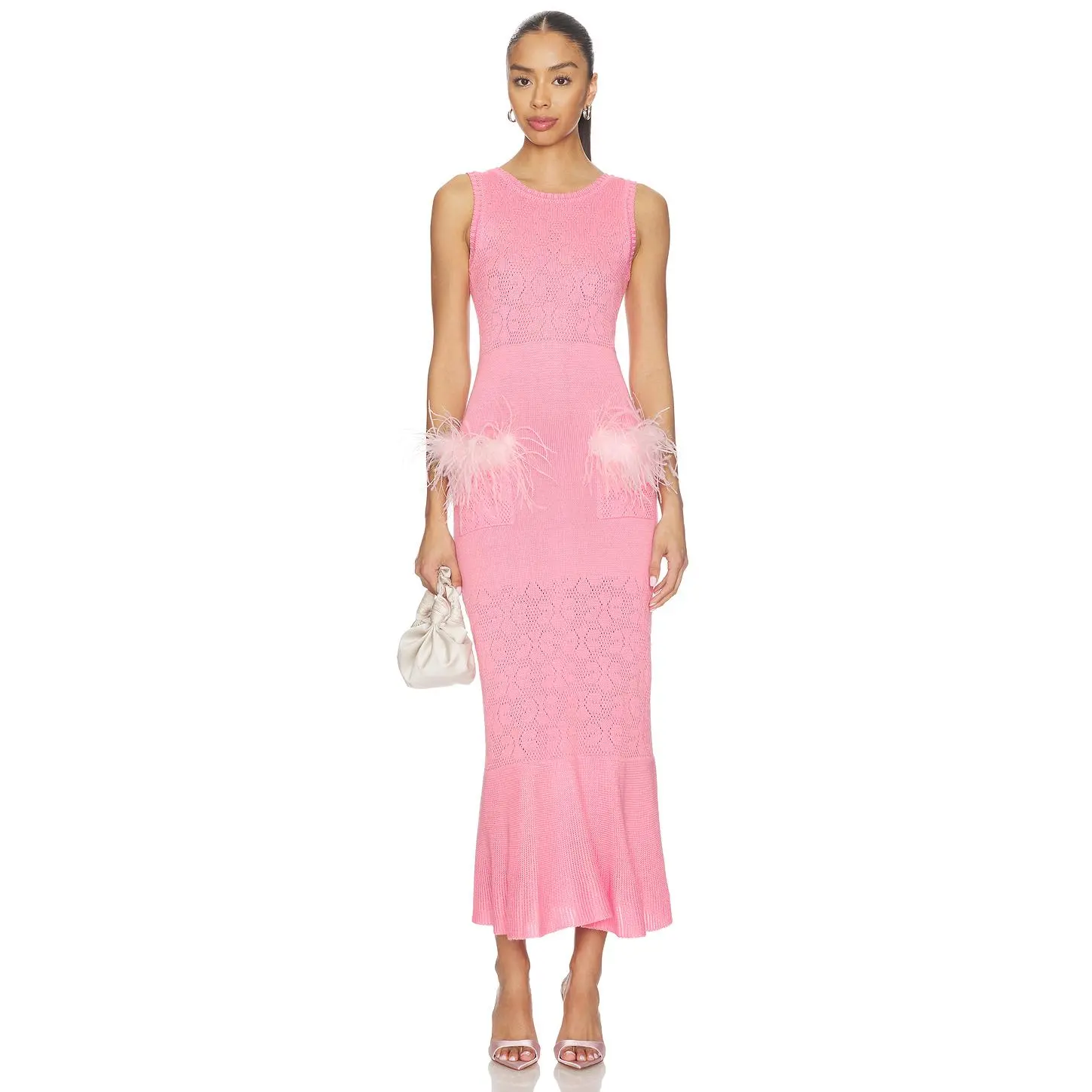 ANDREEVA Peony Knit Dress With Real Ostrich Feather Details in Pink