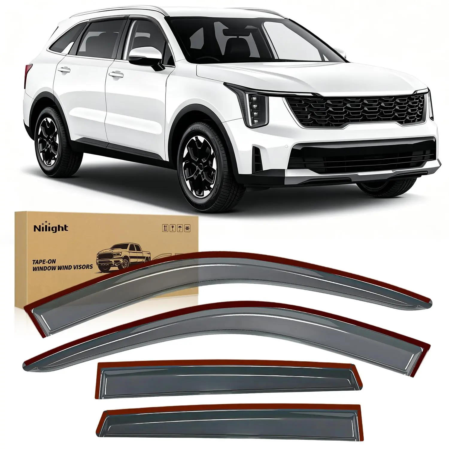 Nilight Tape-On Rain Guards for Kia Sorento 2021 2022 2023 2024 2025 2026, Dark Smoke Tinted Out-Channel Window Visors, Vent Deflectors for Fresh Air, Rain & Wind Protection, 4PCS