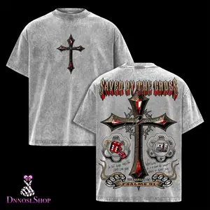 Saved By The Cross Christian Vintage Washed T-Shirt, Gothic Faith Cross Graphic Tee, Jesus Religious Bible Verse Streetwear Unisex