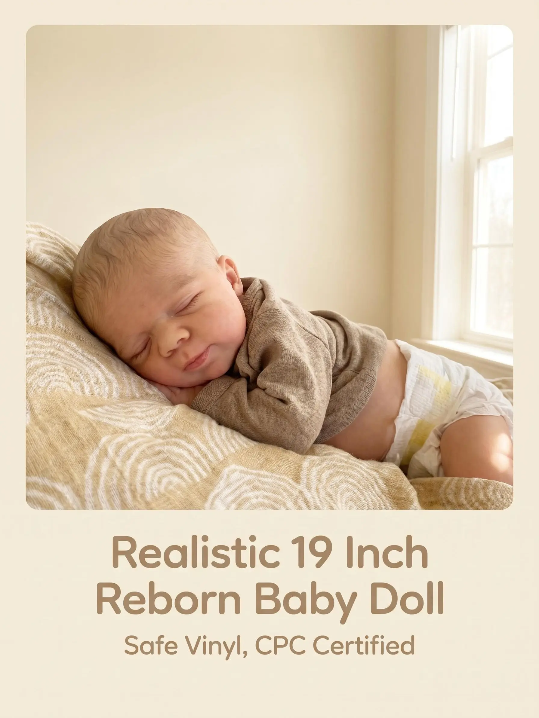 19 Inch Closed Eyes Sleeping Reborn Baby Doll, Casual Brown Long Sleeve & Diaper Vinyl Reborn Doll, CPC Certified Realistic Newborn Doll for Play, Collection & Gifts