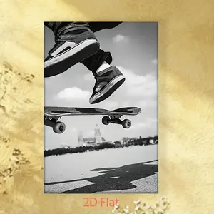 2D Flat, Dynamic Skateboard Jump Poster - Black & White Skateboarding Action Photo Art Print - Minimalist Skate Decor for Home, Office, Cafe - Perfect Birthday or Holiday Gift for Skateboarders - Modern Skate Culture Decoration