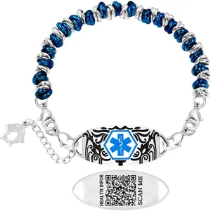 Blue & White Circle Style Stainless Steel Medical Alert Bracelet for Women Custom Engraved Medical ID with QR Code| Interchangeable Medical Plate, Double Lobster Clasp, Fashion Safety Jewelry YA5541