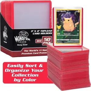 Monster Top Loaders for Trading Cards - 50, 3x4" Clear Hard Plastic Protector w Red Border- Compatible w Yugioh, Sports & More