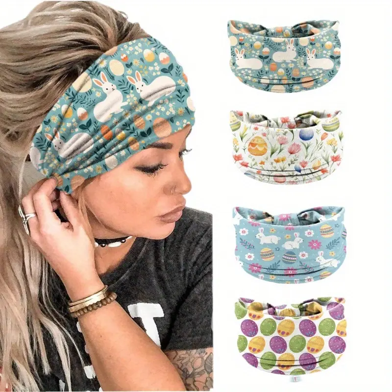 Women's Cute Easter Headbands, 4-Piece Animal & Egg Print Polyester Set, Wide Stretchy Hair Accessories for Everyday Wear, Animals, 4Pcs-A, Daily, Female, Synthetic, Cartoon