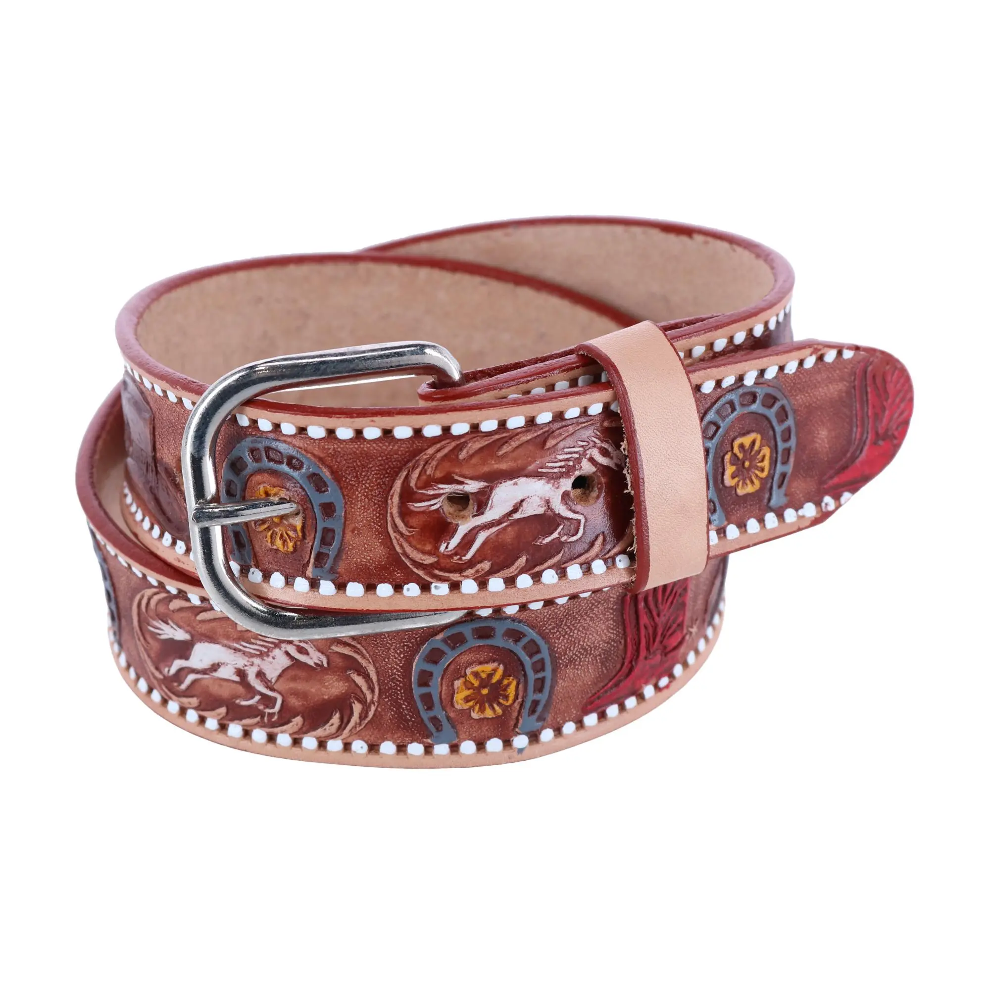 CTM Boys' Western Embossed Belt, Hand Painted Cowboy & Horse Design with an Interchangeable Belt Buckle, Western Belt Buckle