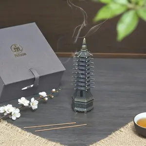 Vintage Wenchang Pagoda Incense Burner Set – Intricately Carved Metal Holder with Incense Sticks in Elegant Gift Box, Desktop Decor for Home & Office, Fragrance