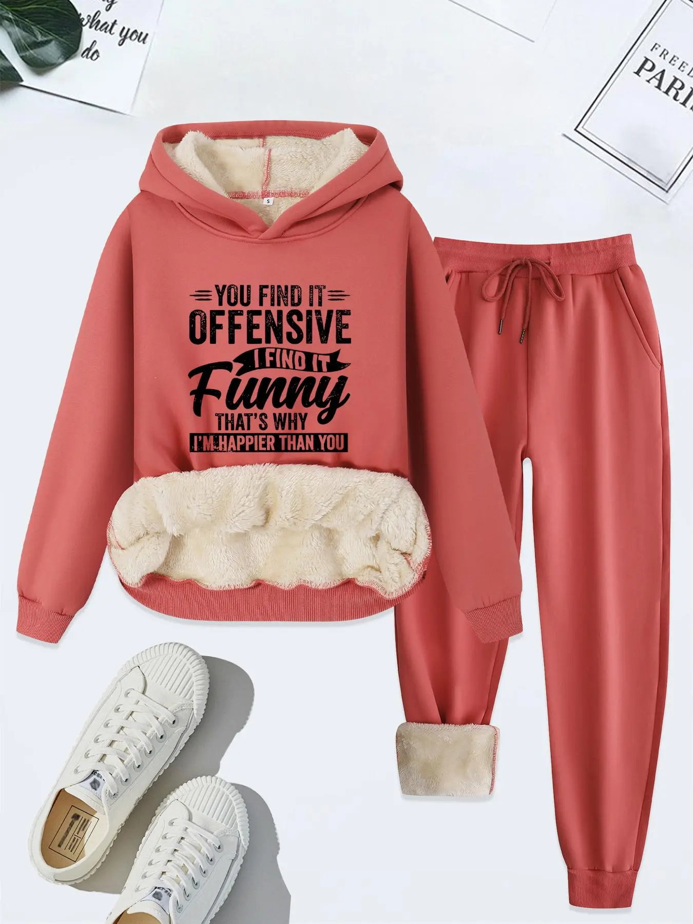 Women's Letter Print Thermal Lined Hoodie & Drawstring Waist Sweatpants Two-piece Set, Casual Long Sleeve Hooded Sweatshirt & Pocket Pants, Women's Fall & Winter Clothes, Casual Lounge Set