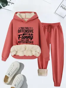 Women's Letter Print Thermal Lined Hoodie & Drawstring Waist Sweatpants Two-piece Set, Casual Long Sleeve Hooded Sweatshirt & Pocket Pants, Women's Fall & Winter Clothes, Casual Lounge Set