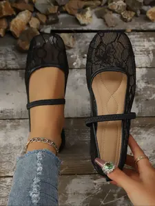 French Retro Square Toe Lace Flat Shoes, Breathable Flats, Breathable Comfortable Lazy Person Shoes, Spring Summer Dress Match, Elegant Women's Shoes