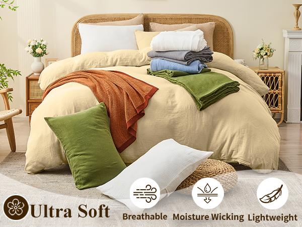 Bedlifes Muslin Duvet Cover Set- 100% Organic Cotton, Soft Textured Gauze Weave Comforter Cover for Breathable All-Season with Zipper Closure - 3 Piece Set
