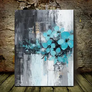 1 Piece Framed Abstract Canvas Wall Art - Turquoise and Gray Floral Design, Natural Wooden Frame, 11.8x 15.7inch , Modern Home Decor Suitable for Living Room, Bedroom, Office, Kitchen, Room Aesthetics, Sturdy Structure, 2D Plane, Perfect Room Decoration