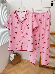 Women's Plus Size Sleepwear Set, Striped Cherry Print, Stand Collar Short Sleeve Top and Long Pants, Loose Fit, Casual Home Wear, Pajama Set, Loungewear, Pyjamas, Pjs, Womenswear