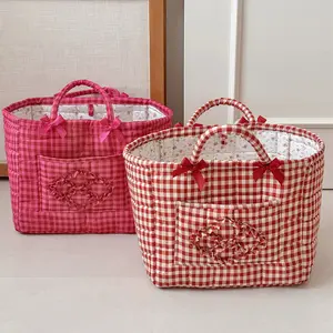 New Pink Super Cute Red Plaid Storage Basket French Retro Quilting Sweet Bow Portable Sundries Organizer