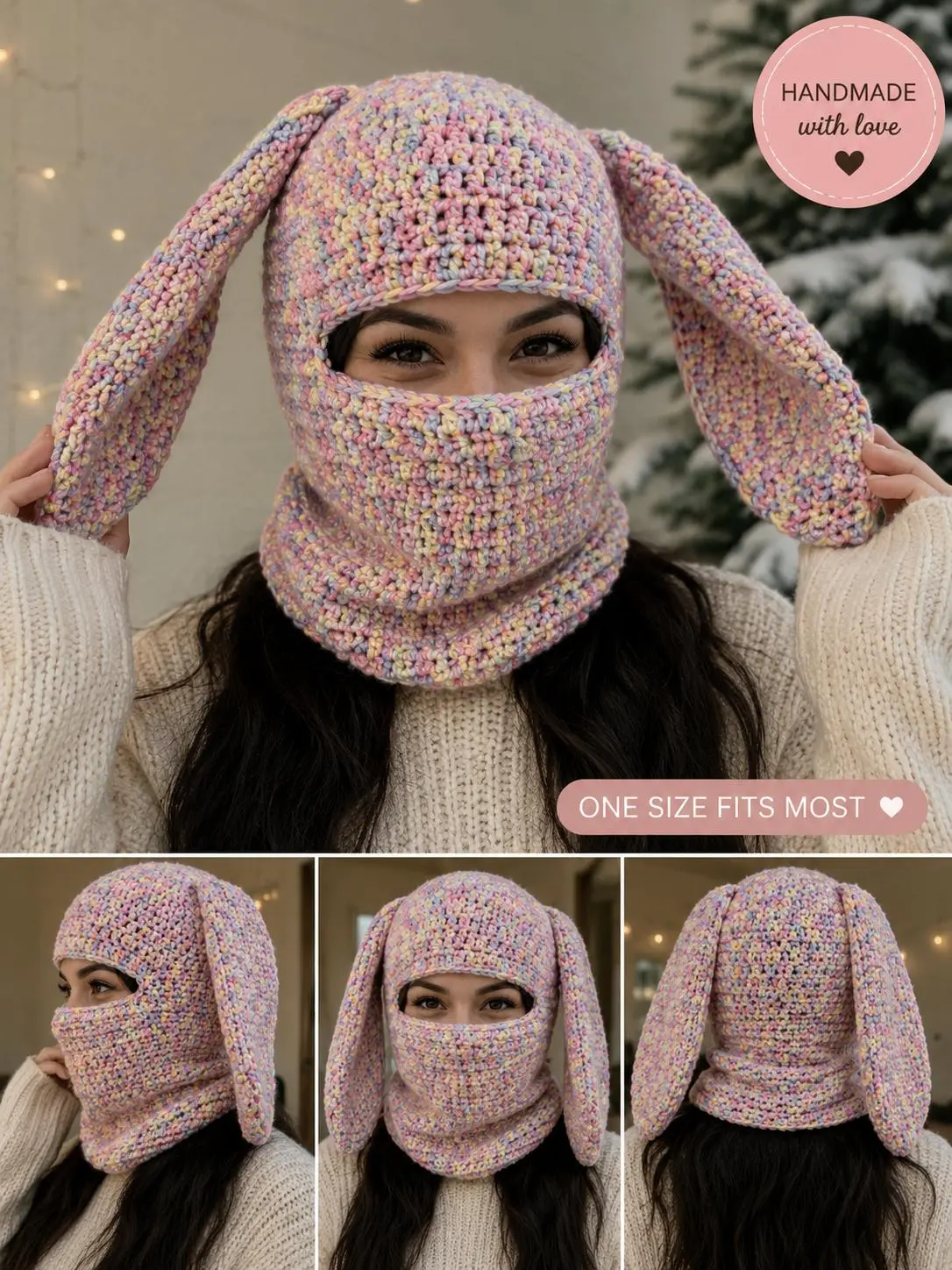 Handmade Crochet Bunny Hood with Floppy Ears - Pastel Confetti Edition