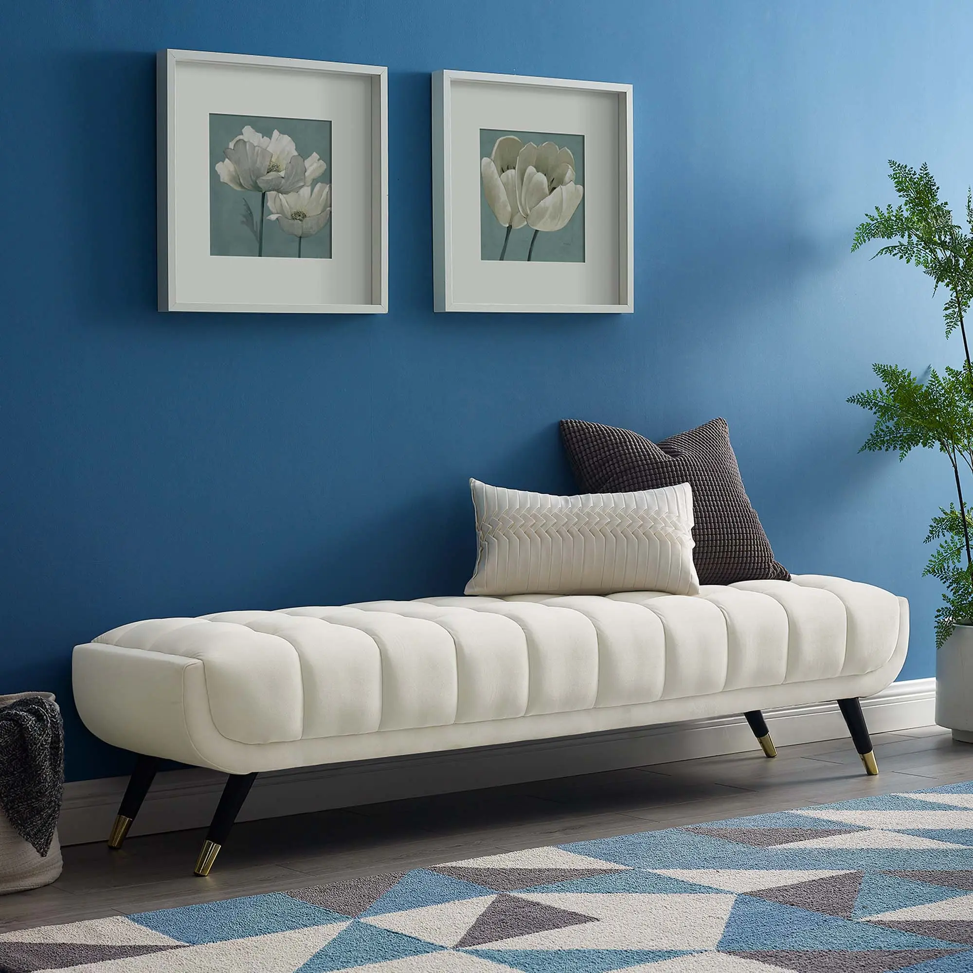 Modway Adept Tufted Mid-Century Modern Performance Velvet Bench, Ivory, Metal Frame, Ideal for Living Room Décor
