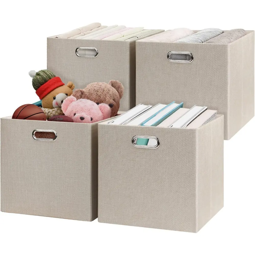Storage Cube Basket Bins,13×13 Foldable Storage Boxes for Closet Organizer Shelf Cabinet Bookcase,Thick Fabric Drawer,Set of 4, Beige Laundry Metal