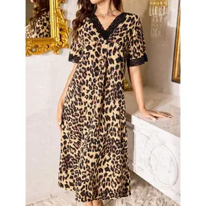 V-Neck Contrast Lace Leopard Print Short Sleeve Women Nightgown, Moo Moo