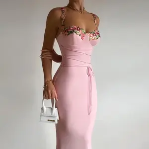 Pink Valentine’s Day Dress - Strapless Maxi with Floral Embroidery and Crisscross Straps, Casual Women's Wear for Parties - Womenswear