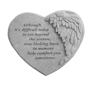 212 MAIN Kay Berry Winged Heart Memorial Cast Stone - 9x9 in, Wall Mount, Weatherproof Outdoor Decor with Comforting "Although It's Difficult..." Message