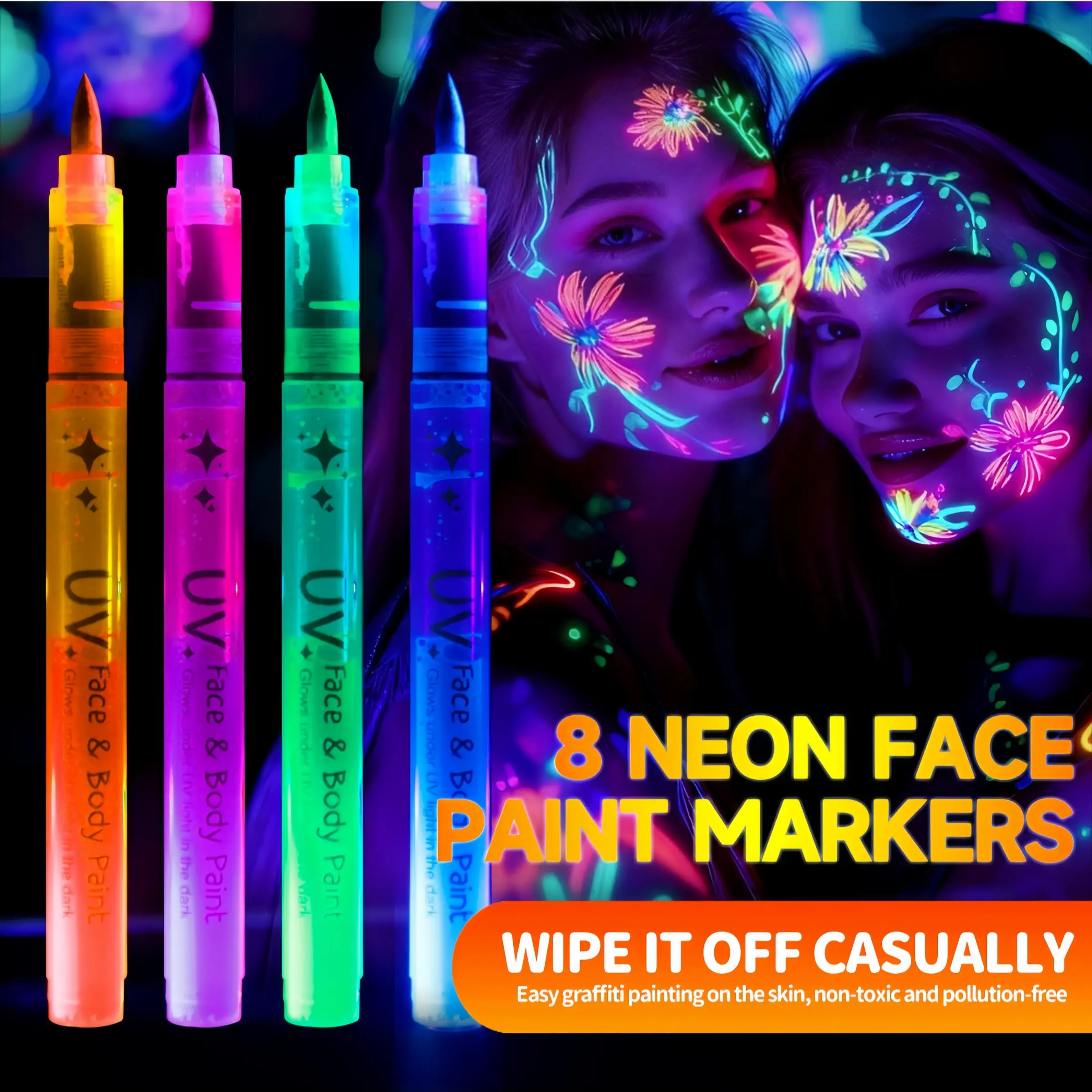 8pcs Glow-In-The-Dark Body Paint Pens, Washable Face Graffiti Markers, Party Atmosphere Glowing Pens for Festive & Birthday Parties, Washable Formula