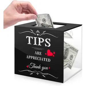 Tips Jar for Money, 6 × 4 × 5 Inch Acrylic Tip Box, Wall-Mounted Raffle Cash Donation Suggestion Box, Money Storage Container for Bartender Bars Restaurants Musicians, Black&Clear