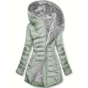 Women's Winter Hooded Coat - Mid-Length Lightweight Warm Loose Slim Fit Jacket Hood & Zipper Closure, Dark Green Casual Outerwear for Urban Commute & Outdoor