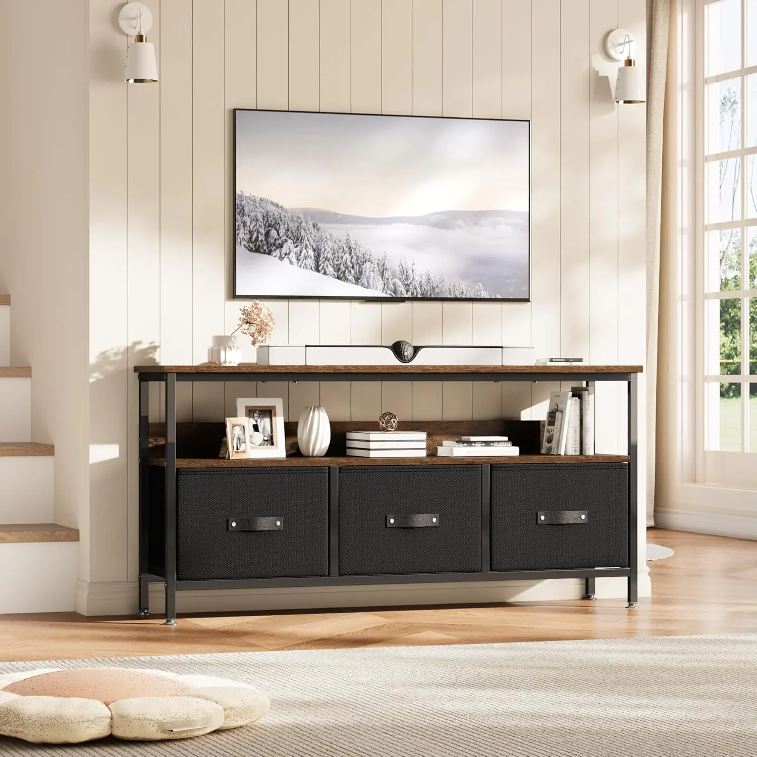 Modern Minimalist Multifunctional TV Stand - 47.2 in Floor TV Console Cabinet with 3 Drawers, Fits 55/50/43 in Screens, for Bedroom, Living Room, Black, Modern Tv Stand