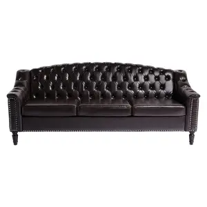 Giratree Furniture 79.9" Mid-Century Modern PU Leather Sofa, Chesterfield 3-Seater Couch with Tufted Back, High Backrest and Solid Wood Legs for Living Room, Office (Leather Brown)