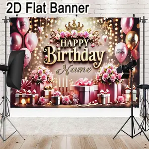 2D flat banner, 1pcLuxury Happy Birthday Party Backdrop with Golden String Lights & Heart Decor, Pink Gold Balloons & Gift Boxes for Festive Celebration Decor