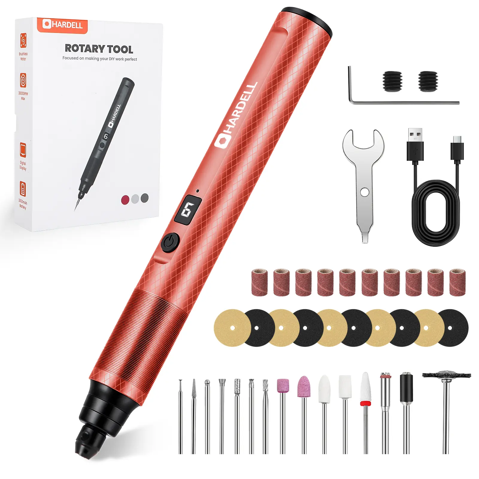 HARDELL Cordless Engraving Pen - Portable Engraving Tools with Rechargeable Li-ion Battery, Multi-Speed Control (5/6 Speeds), 35-41 Accessories Set for Metal/Glass, Wood, DIY Crafts