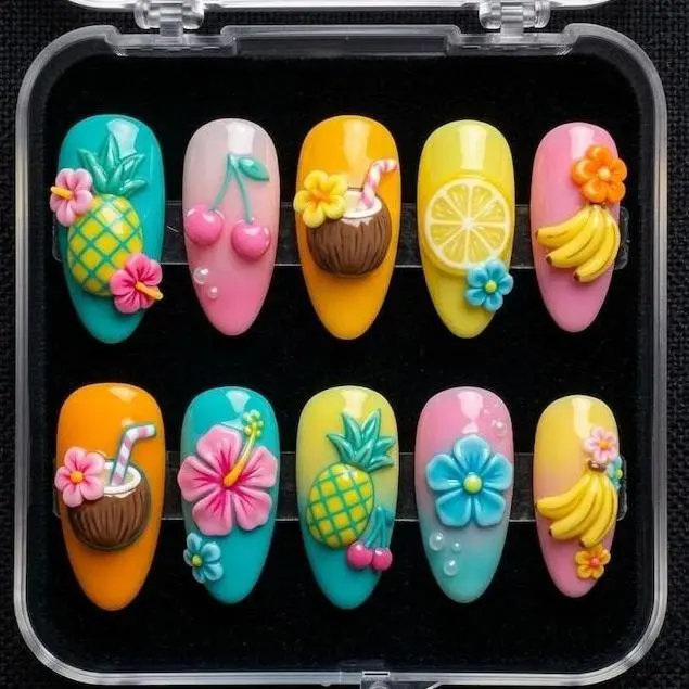 Tropical Fruit Press On Nails 3D Hibiscus Pineapple Coconut Banana Floral Summer