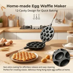 12-Cavity Non-Stick Egg Waffle Mold , Hong Kong-Style Egg Puff Pan with Wooden Handle , Easy-to-Clean Baking Tool , Portable Home Kitchenware