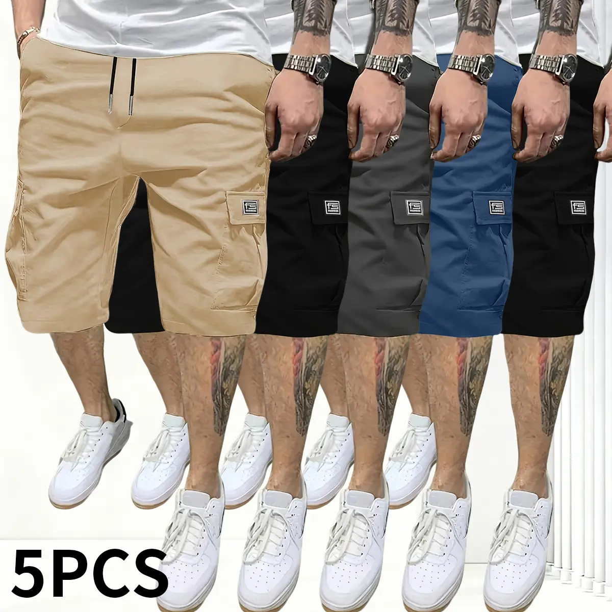 Men’s Summer Cargo Shorts Set 5 Pieces Adjustable Waistband Multiple Pockets Four Way Stretch Fabric Ideal for Outdoor Activities Gym Work and Everyday Casual Style Lightweight Beige Activewear