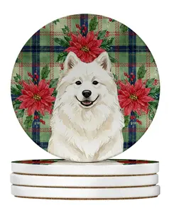 Carolines Treasures WDK8798RCS4 4 x 4 in. Cream Samoyed Christmas Poinsettias Large Sandstone Coasters, Pack of 4