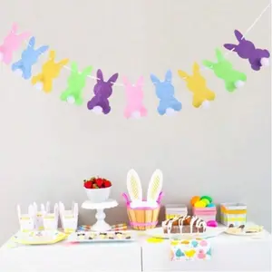 Easter Bunny Plush Ball Banner Ribbon, Easter Party Decoration, Ceiling Hanging Decor, Cute Easter Rabbit Pull Flag, Home Wall Art