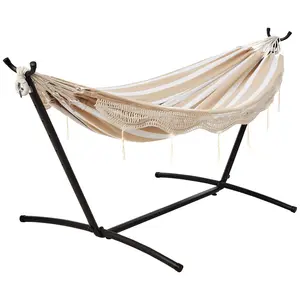 GAOMON Double Hammock with 9-Foot Space Saving Steel Stand and Carrying Case, 450 lb Capacity, Beige Stripe with Lace, 110 x 47 x 43 inches