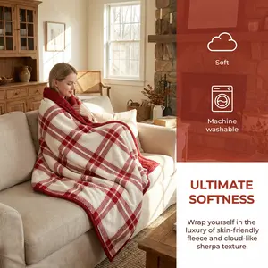 Dual-Layer Blanket Fleece Blanket, Red and White Checkered Pattern, Reversible Soft Throw (Red Plaid)