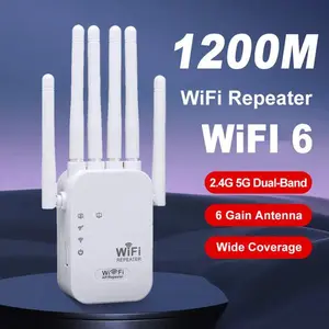 WiFi Extender, 1200Mbps Dual Band 2.4GHz/5GHz Signal Booster with 6 High-Gain Antennas, Covers Up to
