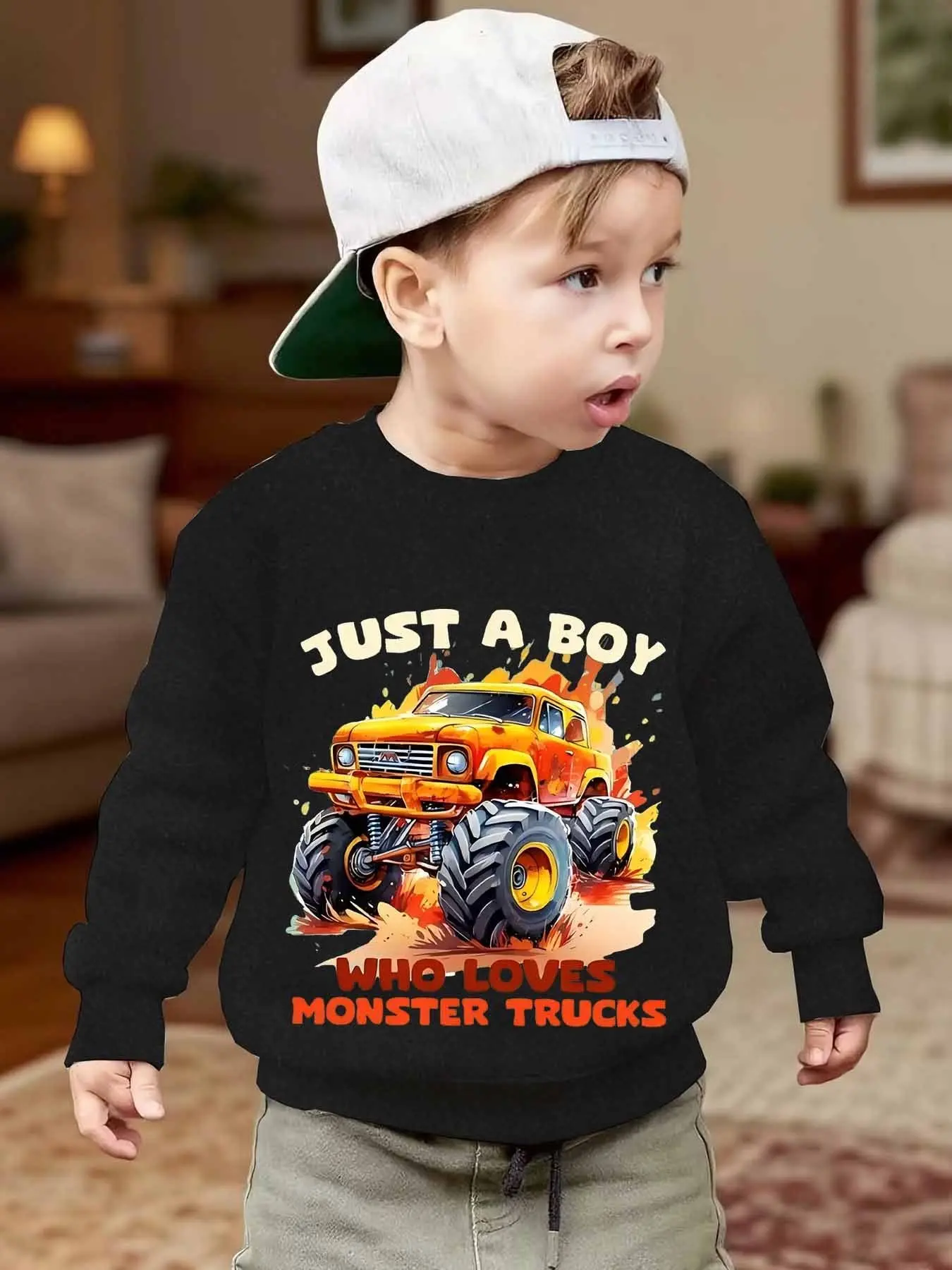 Boys' Cozy Soft Fleece Cotton Long-Sleeve Hoodie - "Just a Boy Who Loves Monster Trucks" Graphic Pullover, Kids Vehicle Lover Gift