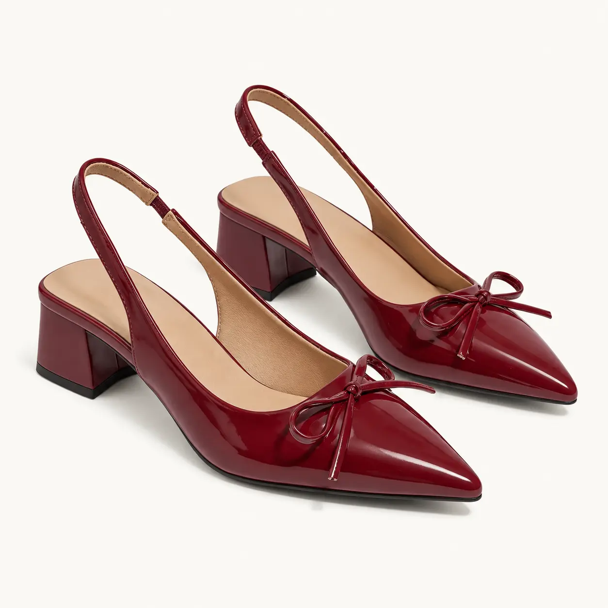 Geeyea women's Burgundy Patent PU Leather Slingback Heels, Pointed Toe Low Block Heel Pumps with Bow Detail, Glossy Elegant Dress Shoes for Office, Party, Wedding, Date Night & Formal Outfits.