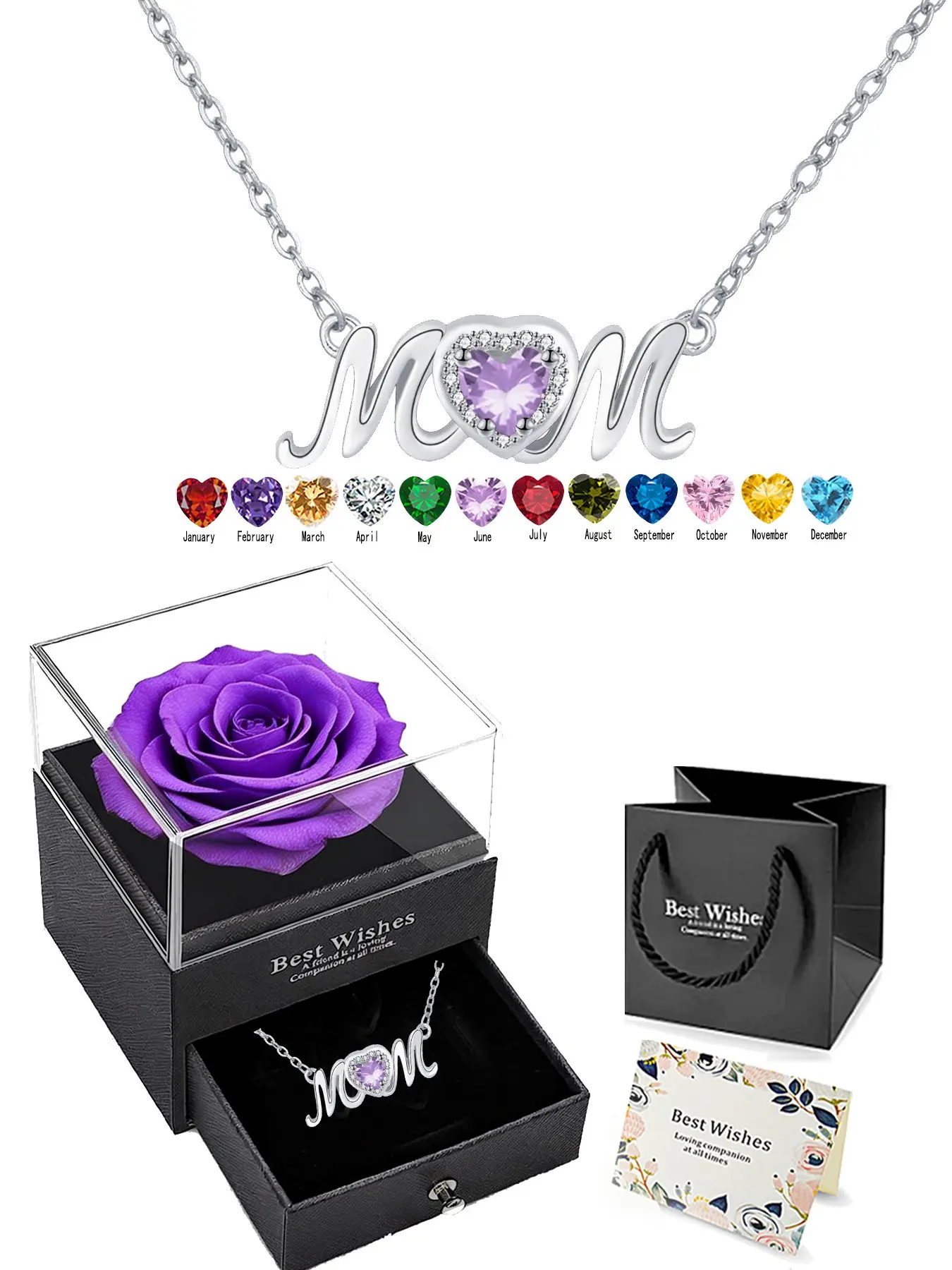 Elegant Mom Necklace Gift Box, Zircon Birthstone Pendant, Stainless Steel Chain, Perfect Birthday Christmas Present for Mother, Star Shine Necklace, Necklace for Mama