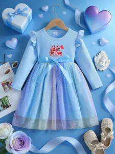 Girls' Gradient Mesh Dress, K-Pop Huntress Girl Pattern, Fashion Print Dress, Blue Ribbon Bow Waistband, Round Neck Long Sleeve Princess Dress