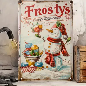 Retro Christmas Snowman Metal Tin Sign - 8x12 Inch Vintage Wall Decor with Whipped Snow & Candy Cane, Perfect for Home, Bar, Coffee Shop, or Holiday Gift, Home Decor Sign | Whimsical Snowman Design | Durable Metal Sign, Christmas Decorations, 2D Flat
