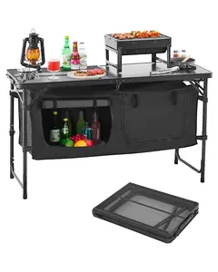 Camping Kitchen Table Folding Portable Outdoor Cook Station With 3 Adjustable Height Levels, Sturdy Aluminum Frame, Weather-Resistant Surface, Lightweight, Easy Setup, Compact Storage, Ideal For Camping, Hiking, Picnics