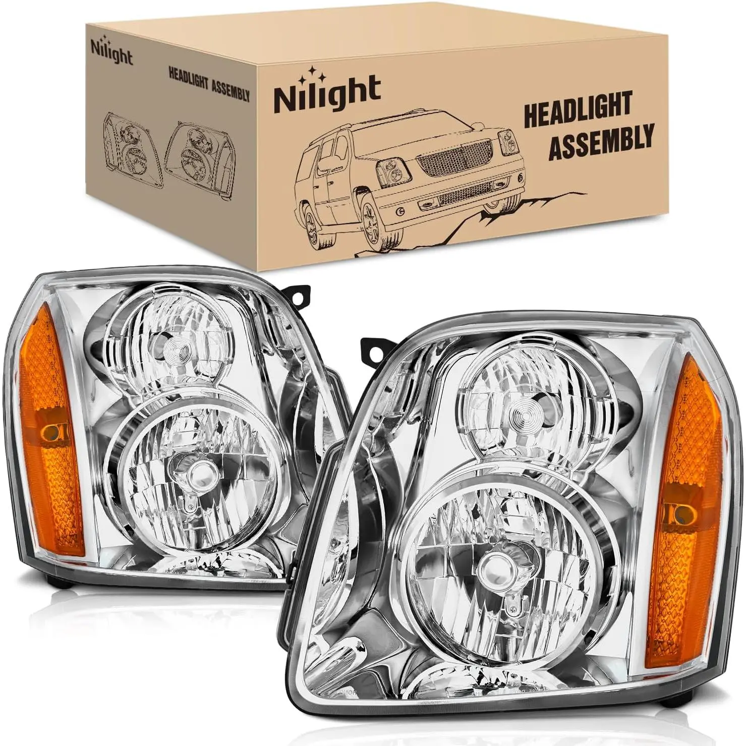 Nilight Car Headlight Assembly Pair - OE-Style Halogen Replacement for 2007-2014 GMC Yukon, Chrome Housing Amber Reflector, Adjustable, Dust-Proof, Easy Install, Luminous, Corrosion Resistant, Fogless, Temperature-Resilient, Driver & Passenger Side, Brigh