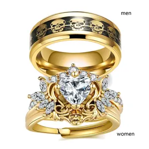 Ringcrown Couple Rings Matching Rings Heart Cut 1.5ct CZ Yellow Gold Plated Women Wedding Ring Sets For Him And Her Ring Sets Men Titanium Steel Wedding Band Punk Skull Ring