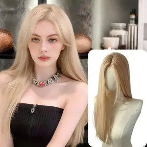 Lotfon  Women's adhesive free synthetic wig, with long straight gold hair, adjustable head circumference, comfortable fit, easy to wear, ready to wear and go, lightweight and breathable, suitable for daily wear