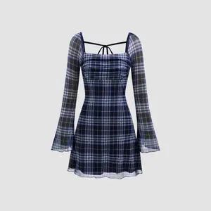 Cider [size 0-10] Mesh Square Neck Check Knotted Mini Dress