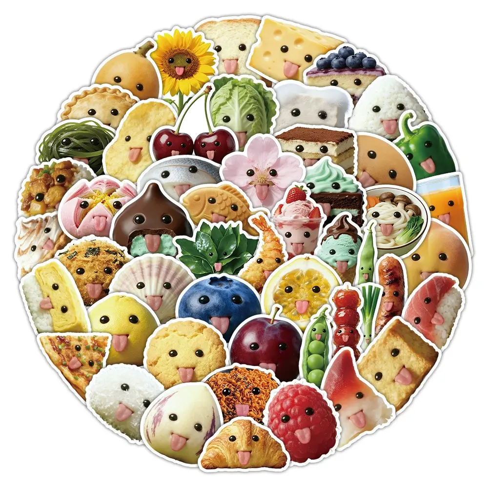 50 Pcs Abstract Food Stickers, Temporary Decals for Smartphone Cellphone Phone Laptop Fridge Luggage Devices, Irregular Shape Durable Plastic Material Decorations