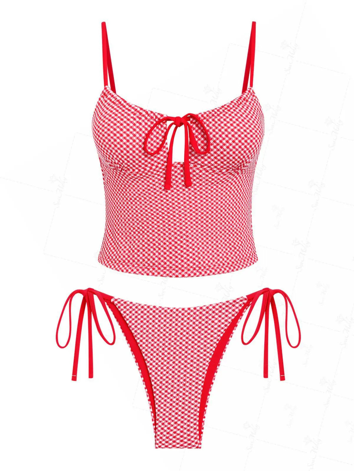 SEAMOLY Women's Gingham Tankini Swimwear, Sporty Chic 2 Piece Set with Tie-Front Top and Low Rise Elastane Bottoms for Vacation